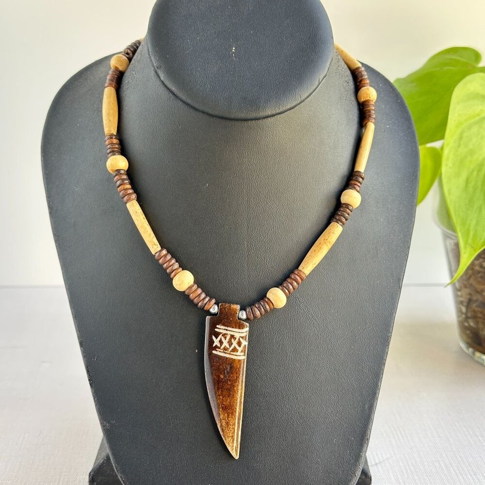 Vintage Bone and Horn Pendant Necklace, Tribal-Inspired Fang Design